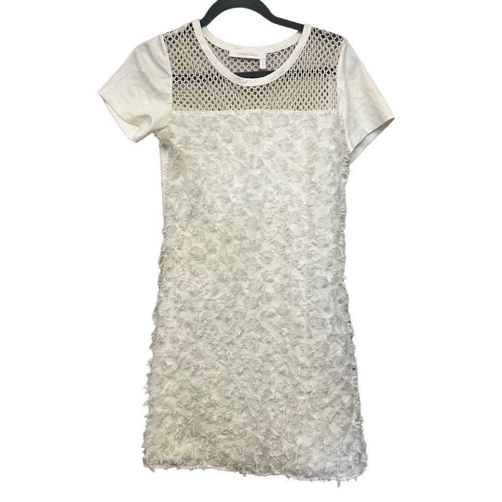 See by Chloe short sleeve ruffled white cloud dancer knit textured fringe shift